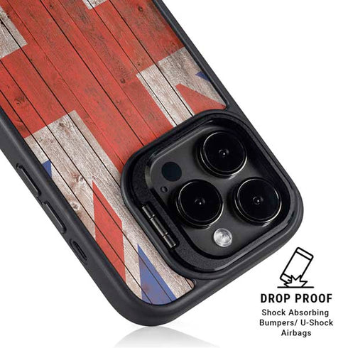 United Kingdom Flag Dark Wood iPhone 16 Pro Kickstand Case